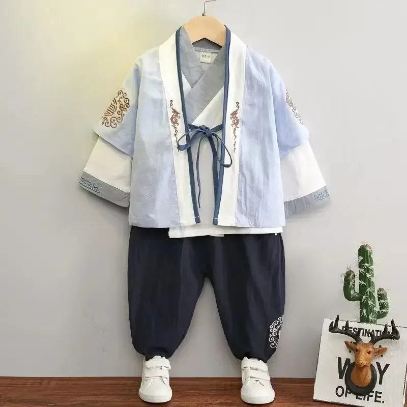 

2023 Autumn Chinese Style Cotton Linen Children Long Sleeved Tang Suit Shirt Coat Pants Boys Improved Modern Hanfu Suit Hanbok