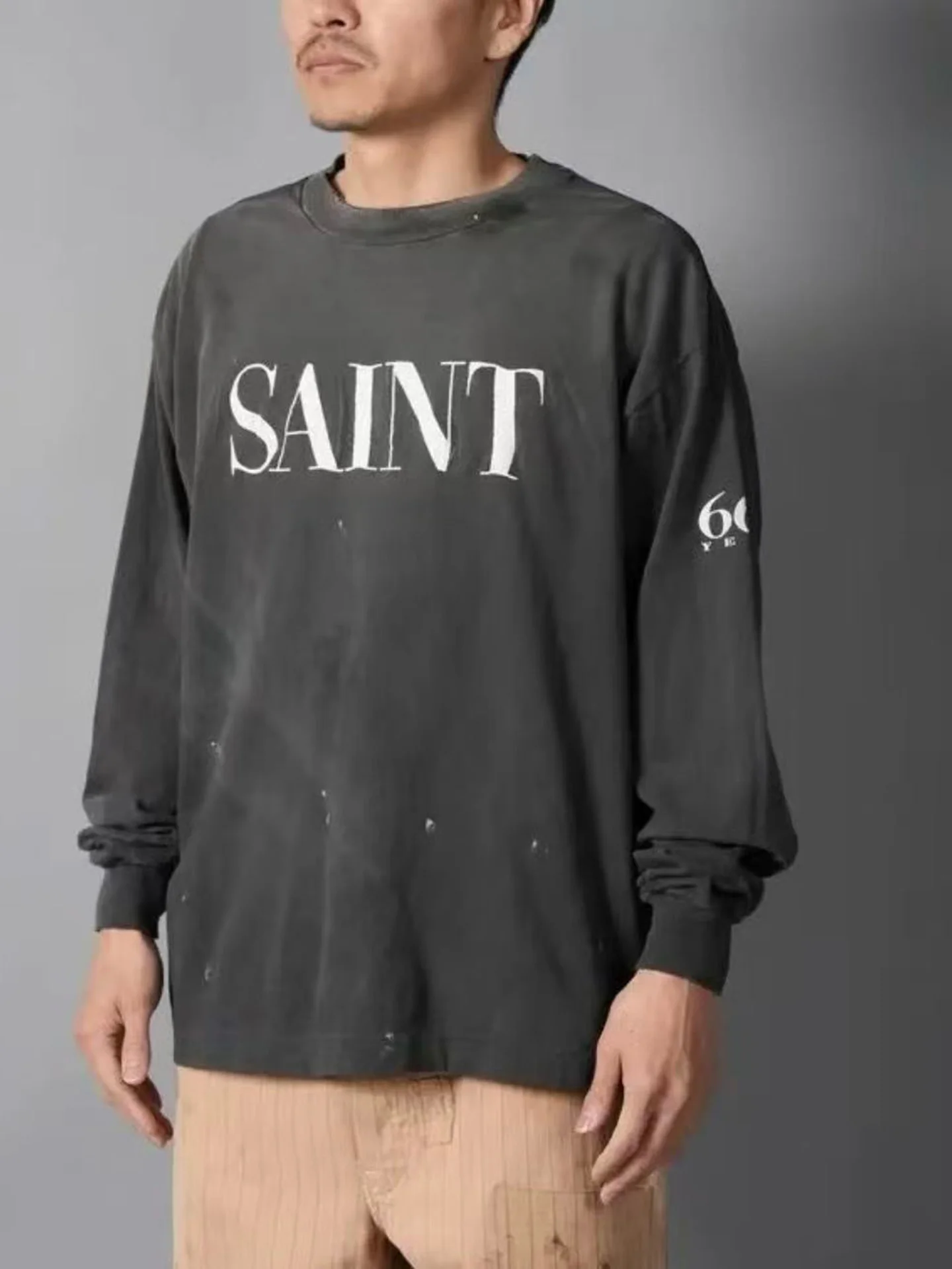 Trendy Heavyweight Washed Vintage Long Sleeve T-Shirt Letter Print Casual Loose Fit Cotton Tee for Men Breathable Comfortable