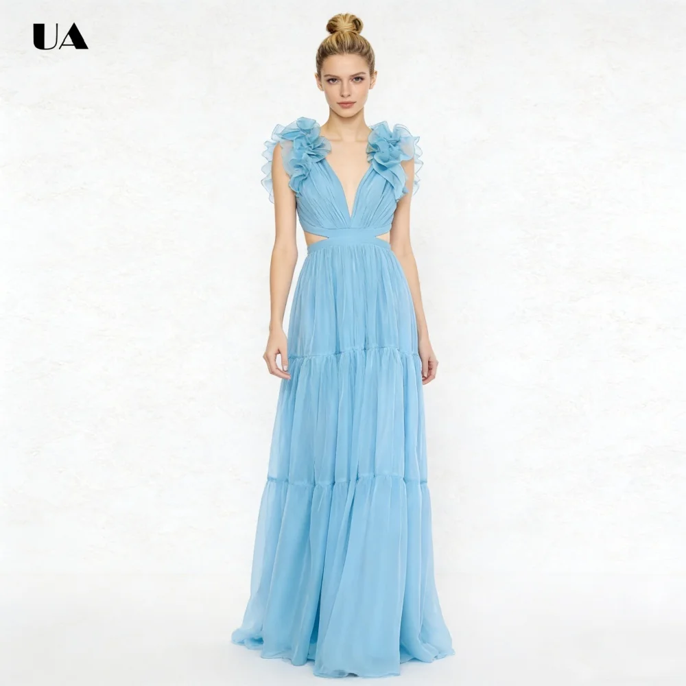 Vestido de fiesta de corte a a a la moda con mangas con volantes, vestidos de noche de gasa lisos con cuello en V para mujer, vestido de fiesta plisado personalizado