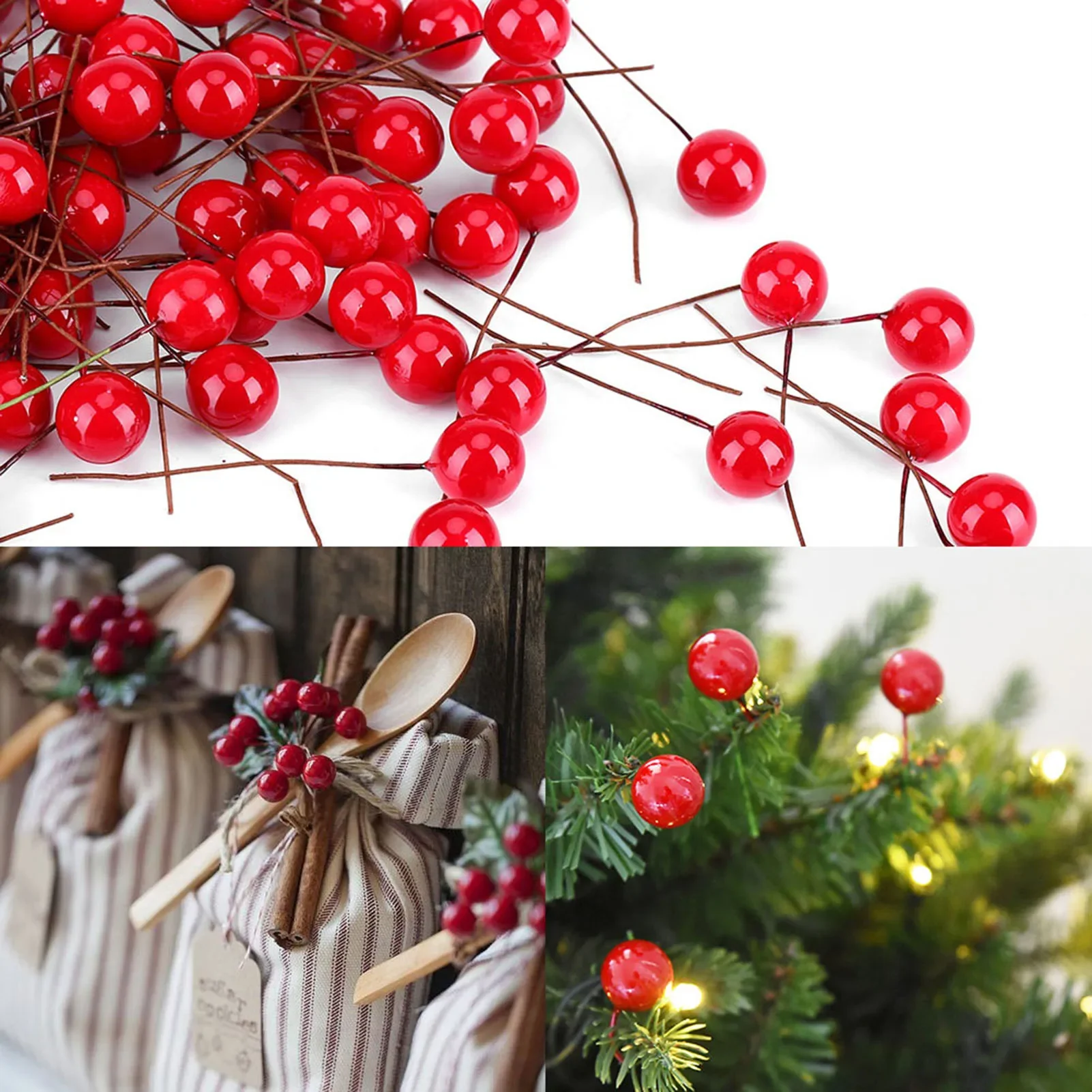 100pcs Artificial Red Holly Berry Hanging Ornaments Flower Stamen Bouquet DIY Christmas Wreath Xmas New Year Gifts Table Decor