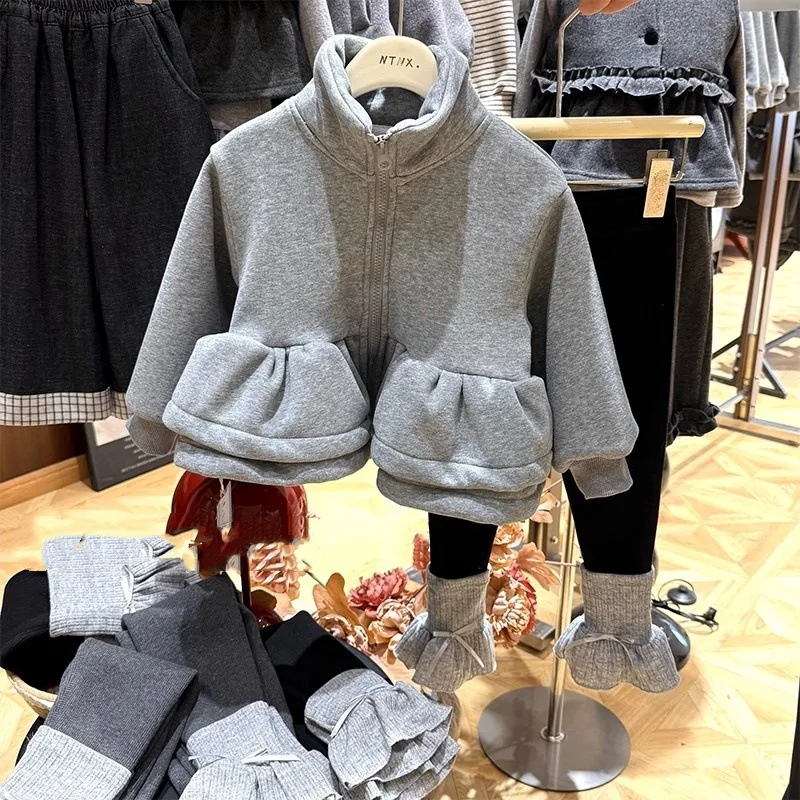 الأطفال سترة الفتيات هيم مزدوج الصوف سميكة سستة معطف فوقي 2025 شتاء جديد ملابس الأطفال الموضة