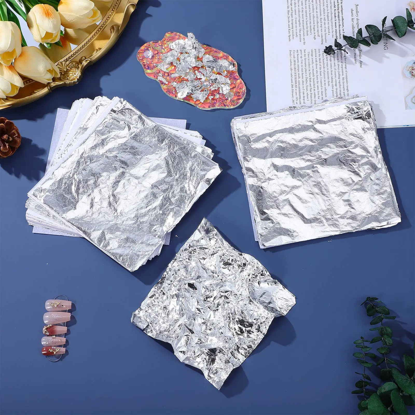 100Pcs Silver Square Gilding Foil Leaf Metal Sheets 9x9cm for Crafting Artworks Furniture Decoration Imitation Gold Silver Leaf