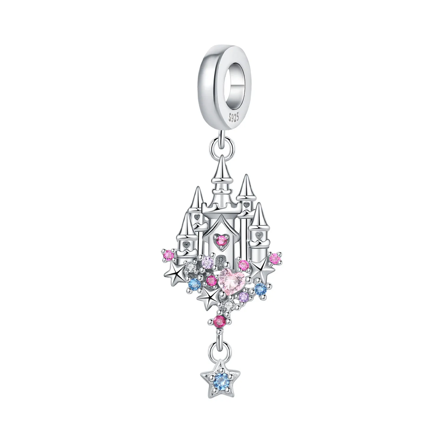 MISEFF 925 Sterling Silver Charm Heart-Shaped Colorful Castle Pendant For Bracelet DIY Jewelry Making Women Gift
