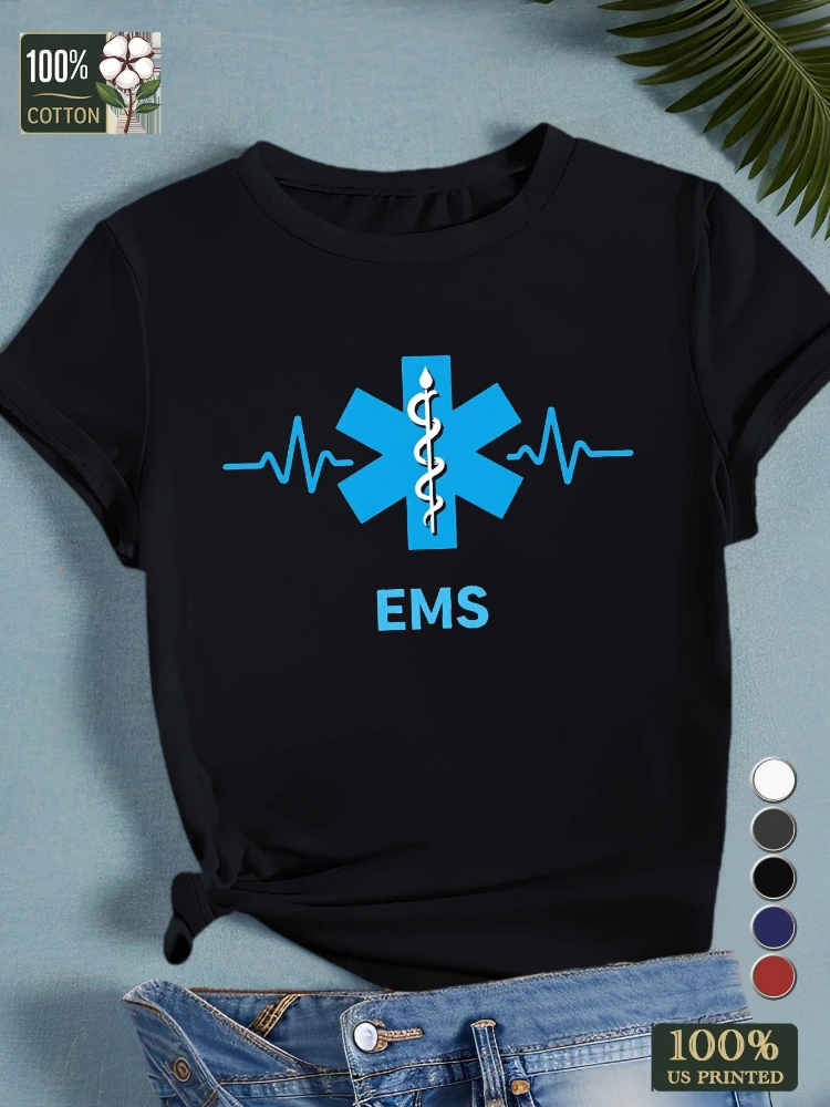 

with EMS Emblem & Heartbeat Graphic - 100% cotton summer short sleeve O-neck printed Men's T-shirt.