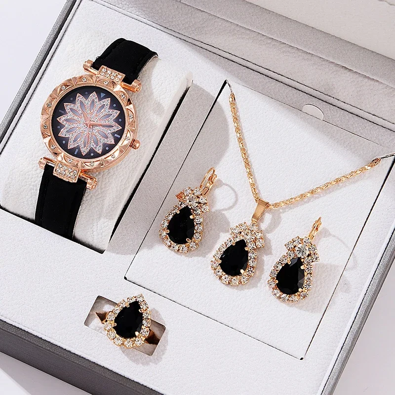 4Pcs/set Personality Simplicity Women's Belt Quartz Watch & Jewelry Rhinestone Necklace Earring Ring Kit Without Box