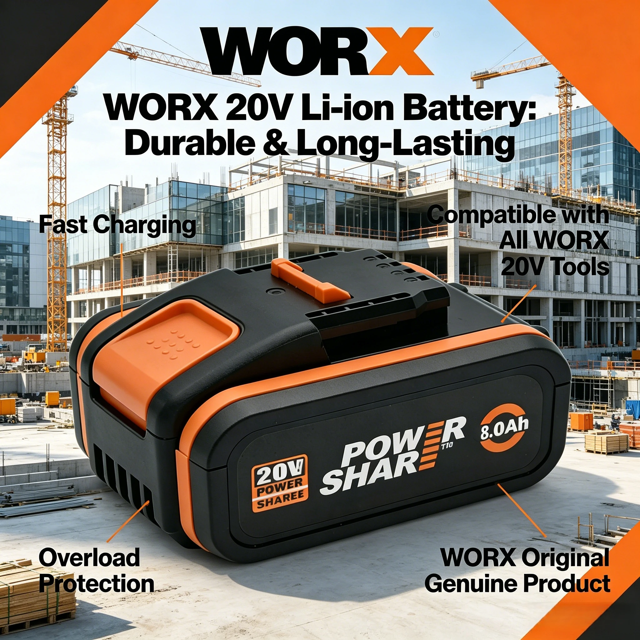 WORX 20V PowerShare PRO Battery 4Ah 6Ah 8Ah Replacement Li-ion Battery for WORX Cordless Power Tools Long Runtime WA3551