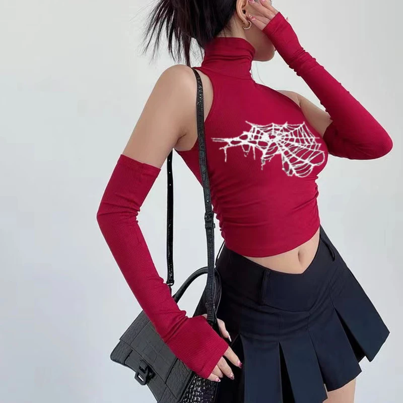 Gothic Spider Print Tank Top voor Vrouwen Zomer Y2k Tops Zwart Morsmouw Sexy Coltrui Slanke Korte Skinny Streetwear Crop Top
