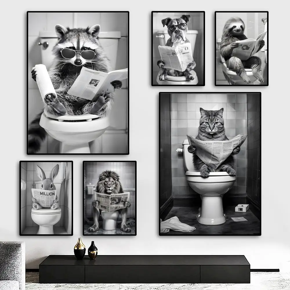 (1PC Unframe)Funny Bathroom Humorous Animal Painting Calligraphy HD Canvas Poster living room bedroom bar aesthetic decoration