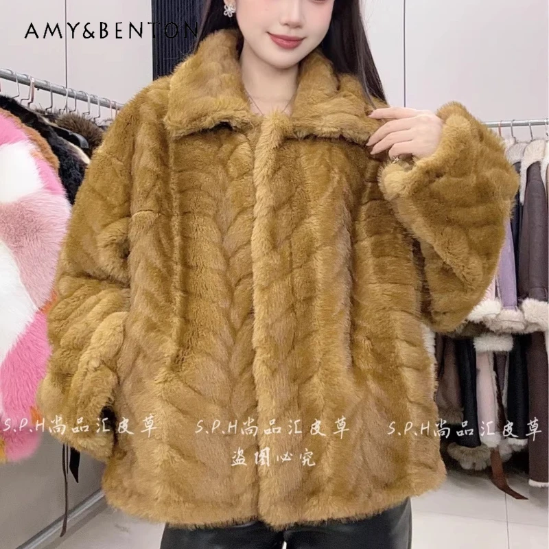 

Turn-down Collar Small Gold Leaf Faux Fur New Women's Winter Short Versatile Slimming Furry Coat Long-sleeves Y2k Woolen Jacket