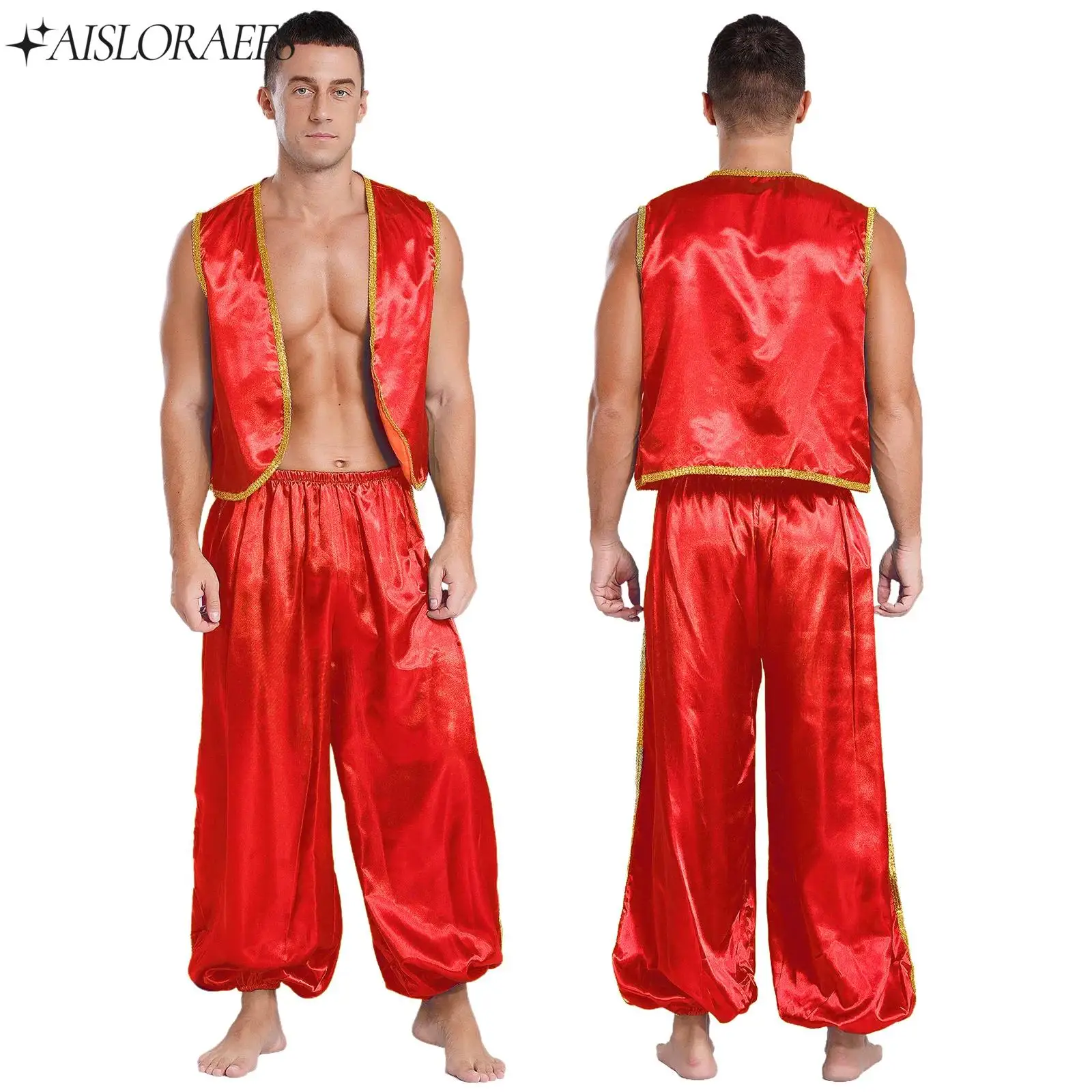 

Mens Halloween Stage Costume Arabian Prince Outfit Gold Trim Satin Set Open Front Vest And Pants for Carnival Fairytales Cosplay