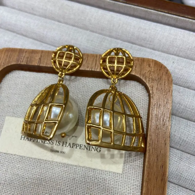 Gold Plated Birdcage Imitation Pearl Dangle Earrings Hollow Grid Globe Drop Earrings Fashion Daily Jewelry For Women