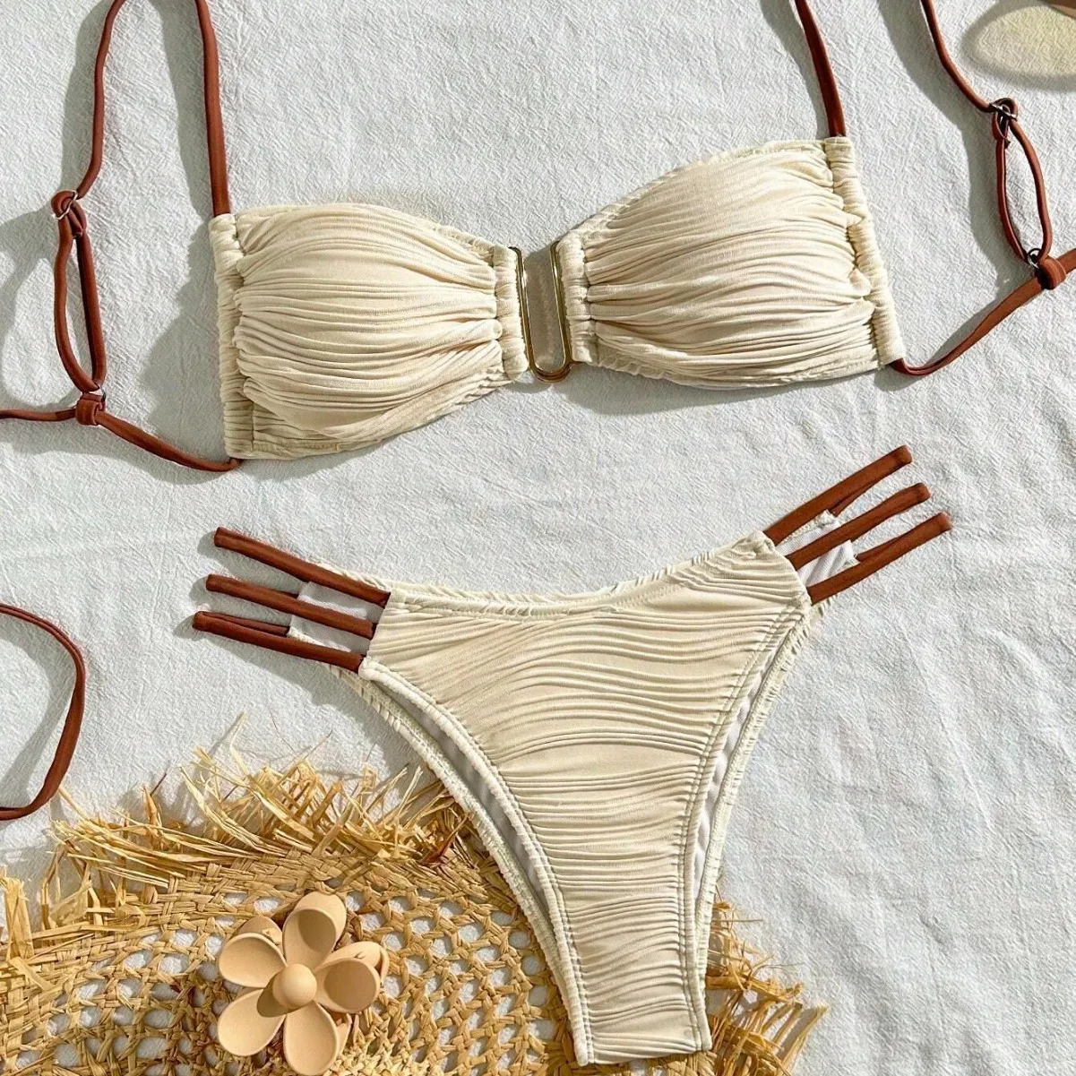 

2025 Swim Women's Summer Beach Color-Blocked Ruched Hollow-Out Sexy Bikini Set Female Brazilian Swimsuits Sexy Push Up Swimwear