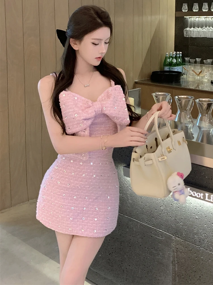 High Quality Tweed Two Piece Set Women Sleeveless Big Bow Diamonds Camisole Crop Top Bodycon Mini Skirt Suits Sweet 2 Piece Sets