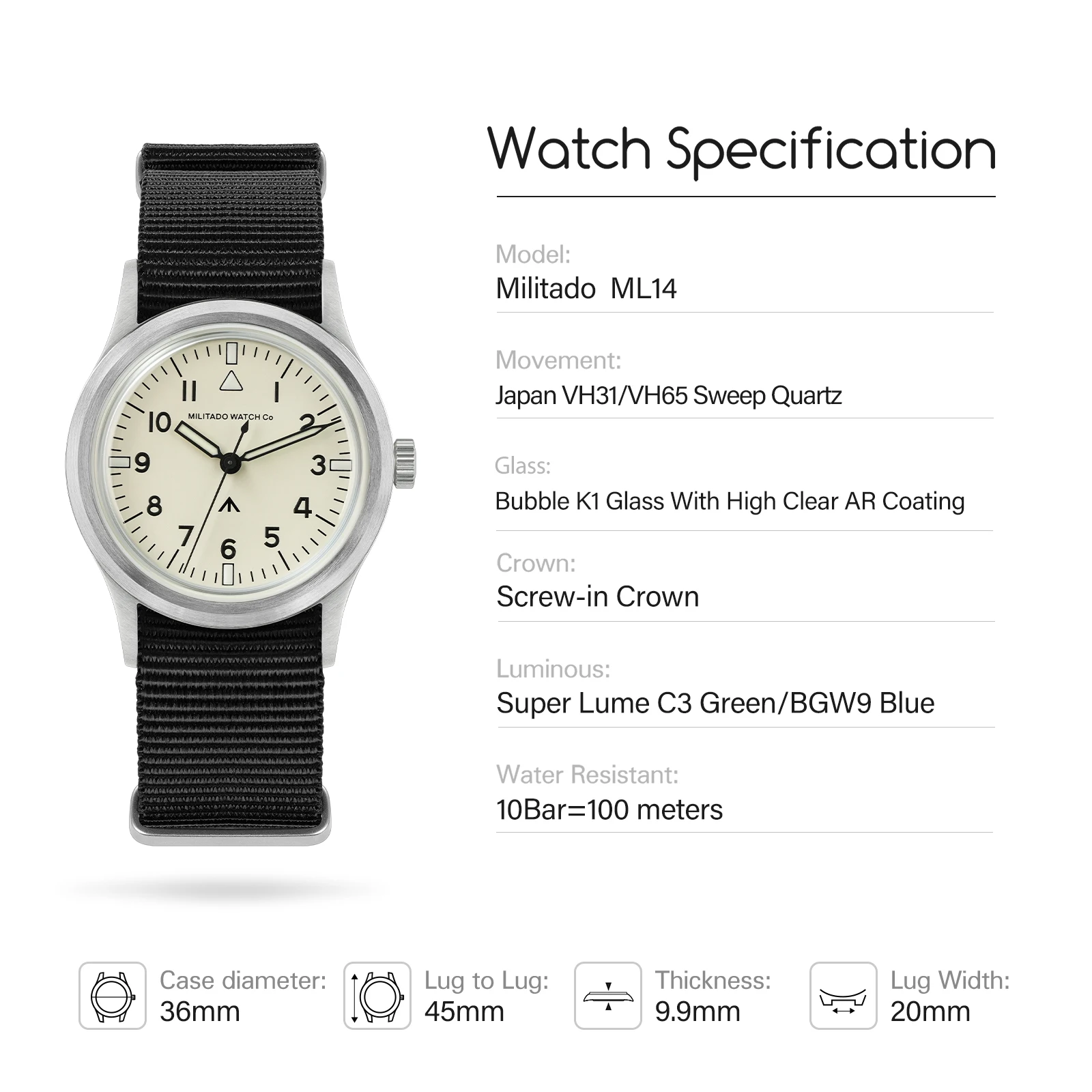 Militado ML14 Quartz Watches Cream Dial Limited Stock VH31 Sweep Seconds K1/Sapphire Waterproof 100M 36Mm Vintage Wrist Watch
