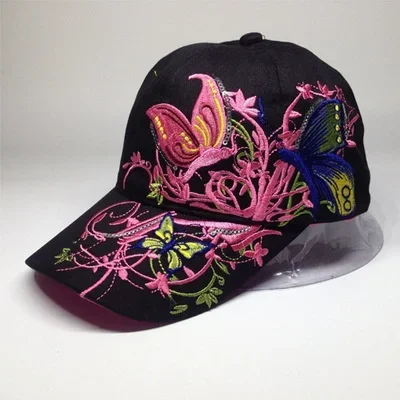Butterfly & Flowers Embroidered Women Baseball Cap Sun Hat, 100% Cotton