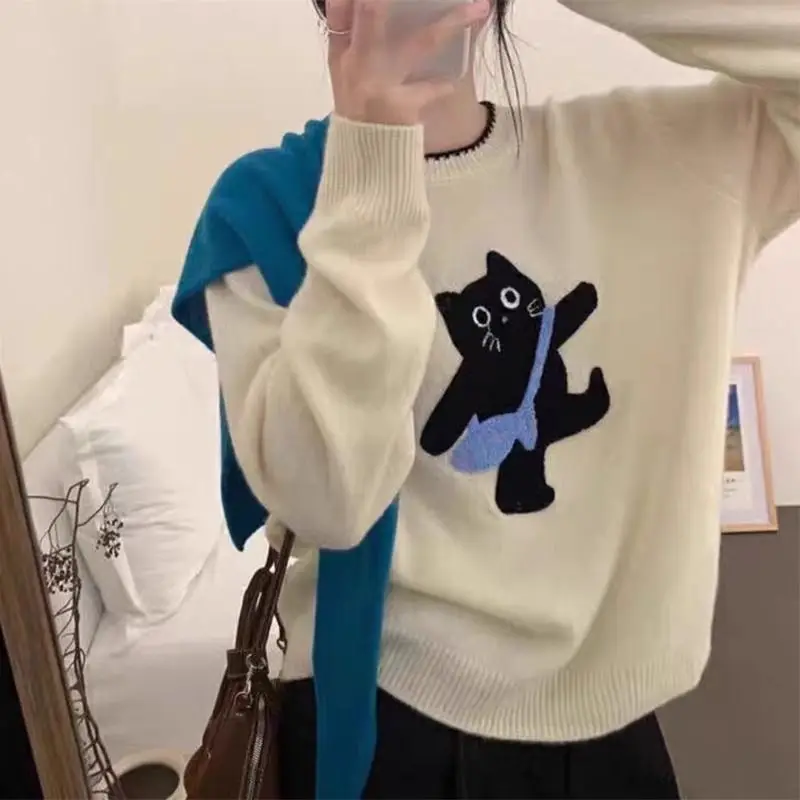 

Новый повседневный пуловер из мягкого жаккардового трикотажа с забавным котом, в корейском стиле, для женщин, весна-осень
