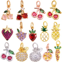 Mini Cute Colourful Zircon Cherry Strawberry Grape Fruit Charm Pendant,18K Gold Plated Brass Necklace  Jewelry Findings M34