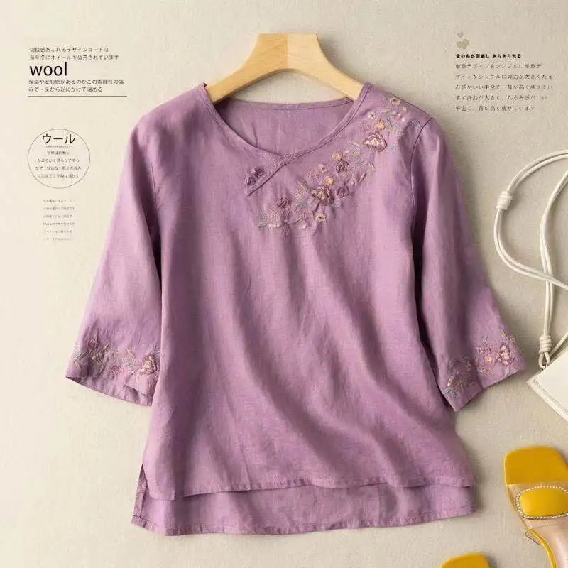 Traditional Chinese Clothing Tang Suit Women Cotton Linen Embroidered Button Loose Blouse Summer Tshirts Hanfu Tops CN-290