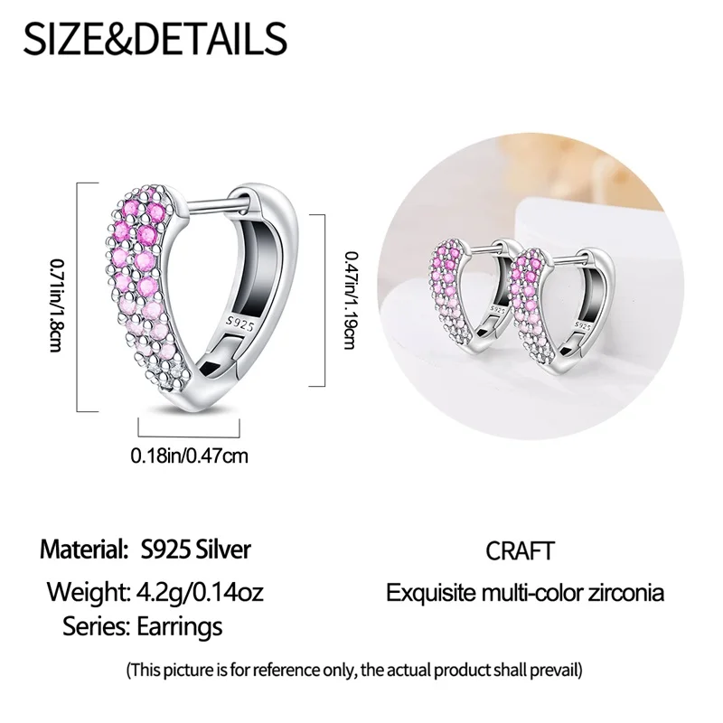 Original 925 Sterling Silver Pink Gradient Heart-Shaped Hoop Earrings Sparkling CZ Zircon Earrings Women Birthday Jewelry Gifts view 5