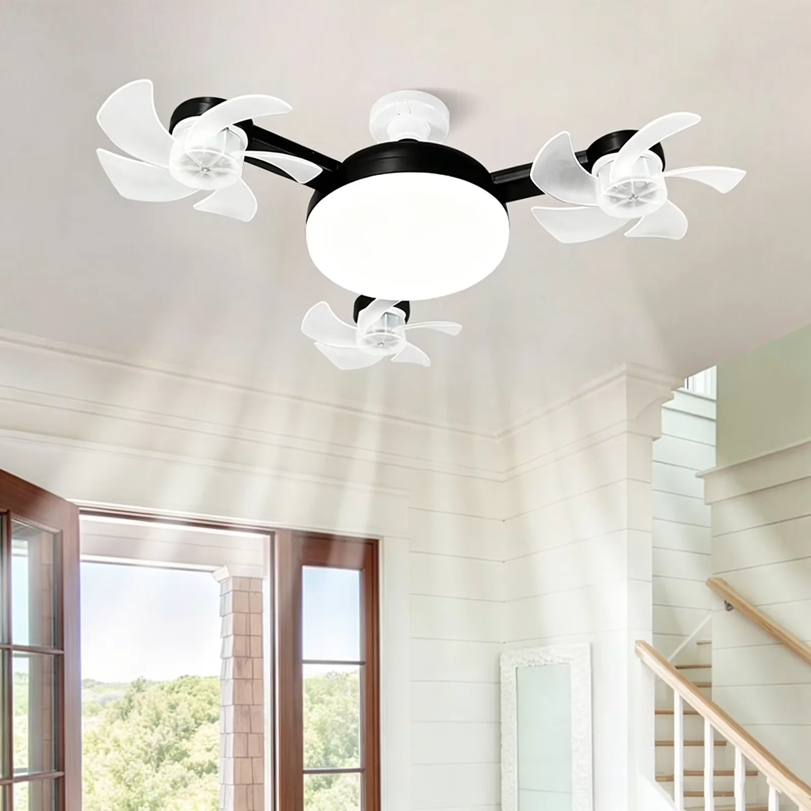 E27 Dimmable LED Socket Drone Fan Light with RC & Extension Rod Screw In Ceiling Fan Lamp 3-Speed Silent Electric Cool Blower