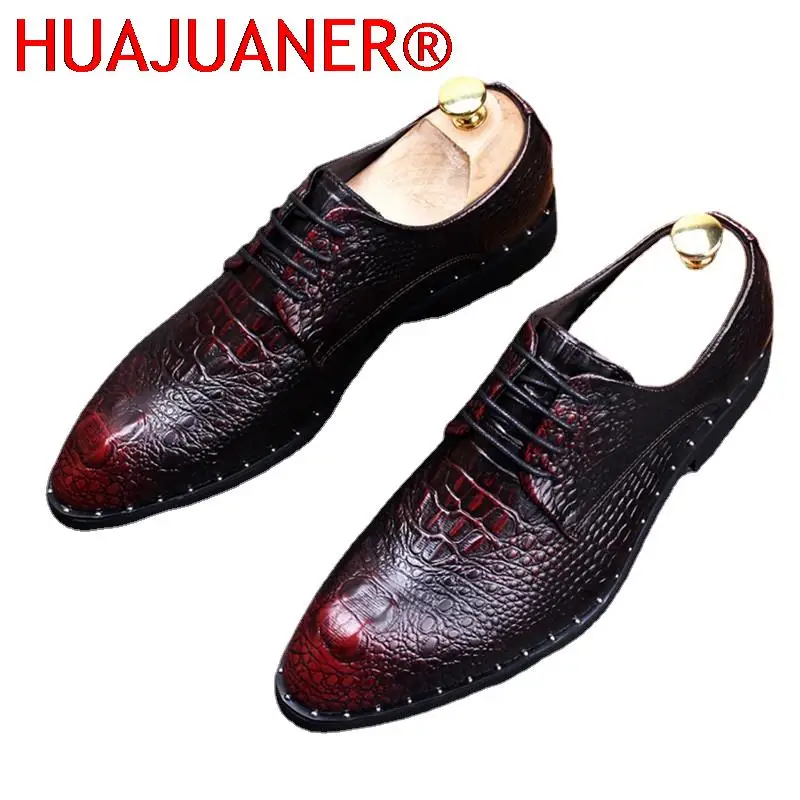 Men's Crocodile Dress Leather Shoes Lace-Up Wedding Party Shoes Mens Business Office Oxfords Flats Plus Size Men Fashion