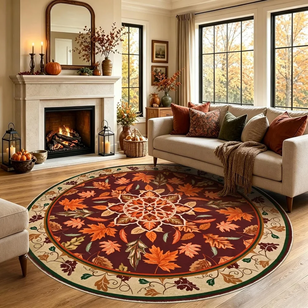 Autumn Maple Leaf Mandala Floor Carpet Warm Harvest Tone Print Washable Round Rug for Fall Season Home Decoration