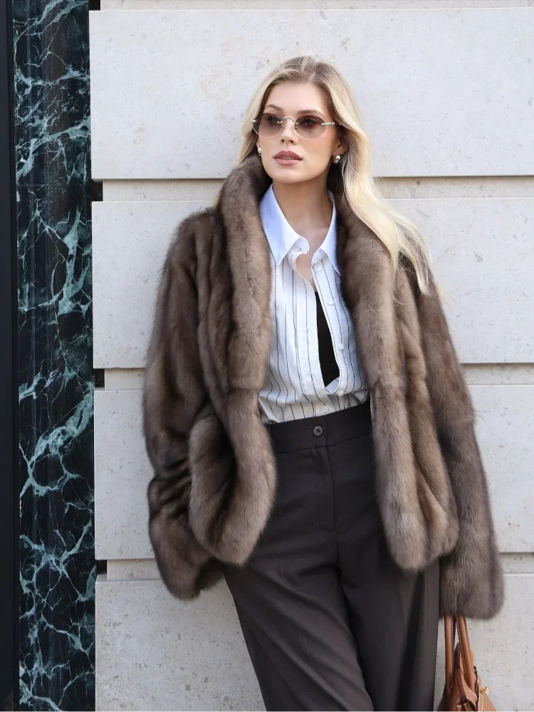 Women Faux Sable Fur Short Coat Wide Shawl Collar Open Front Loose Silhouette Long Sleeve Elegant Cold Season Winter Outerwear