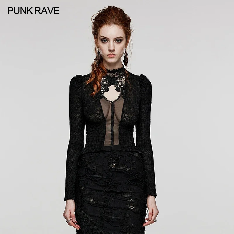 PUNK RAVE Women\'s Gothic Elastic Lace Mesh Delicate Standing Collar Rose Shirt Sexy Casual Black Tees Tops Women Clothing