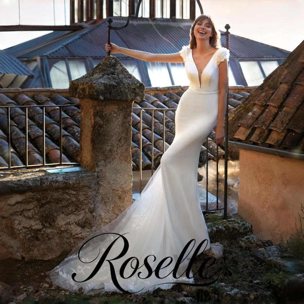 ROSELLE Deep V-Neck Mermaid Elegant Wedding Dress Cap Sleeve Flower Lace Tulle Train 2026 Bridal Customized свадебное платье