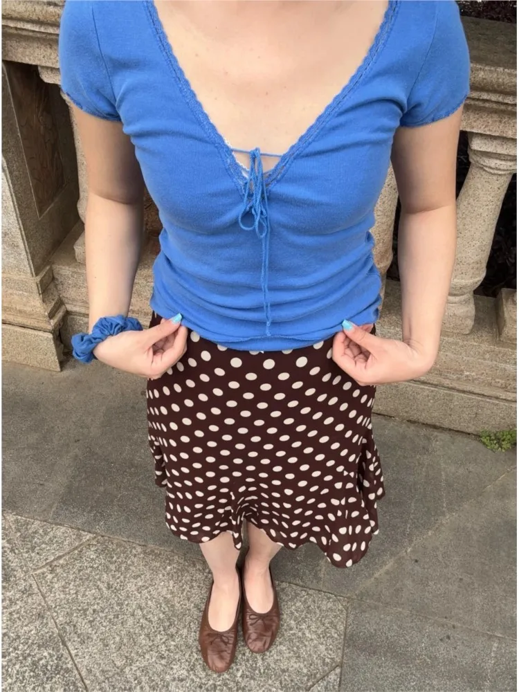 Electric Blue Lace Trim T-shirts Women Simple Chic Cotton Lace-up V-neck Slim Short Sleeve Tees Vintage Sweet Cute Tshirts Y2K
