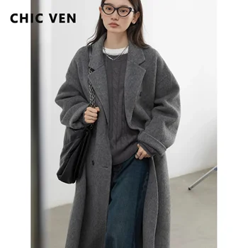 CHIC VEN Women Woolen Coat Double-breasted Basic Loose Casual Retro New Long Double-sided Female Overcoat Autumn Winter 2026
