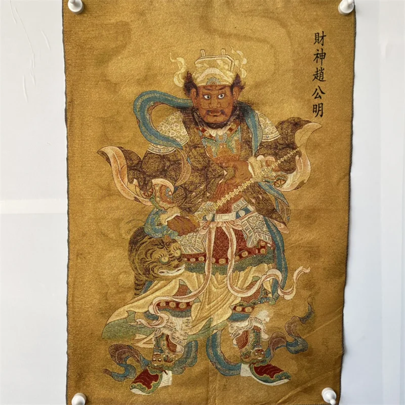 Chinese Antique Silk Brocade Tangka Painting Map of God of Wealth Zhao Gongming Embroidery Wall Art for Home Decor