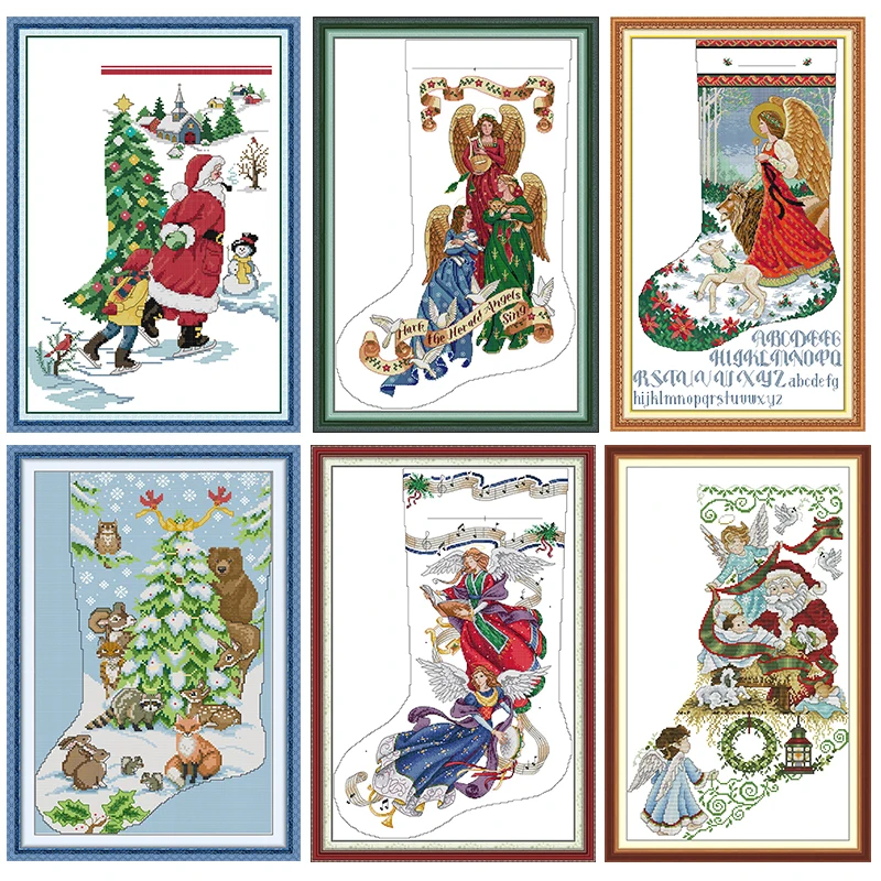 Nueva serie de medias navideñas, Kit de punto de cruz de personaje de dibujos animados Aida 14 16 11CT, tela estampada blanca, bordado, regalo de decoración del hogar