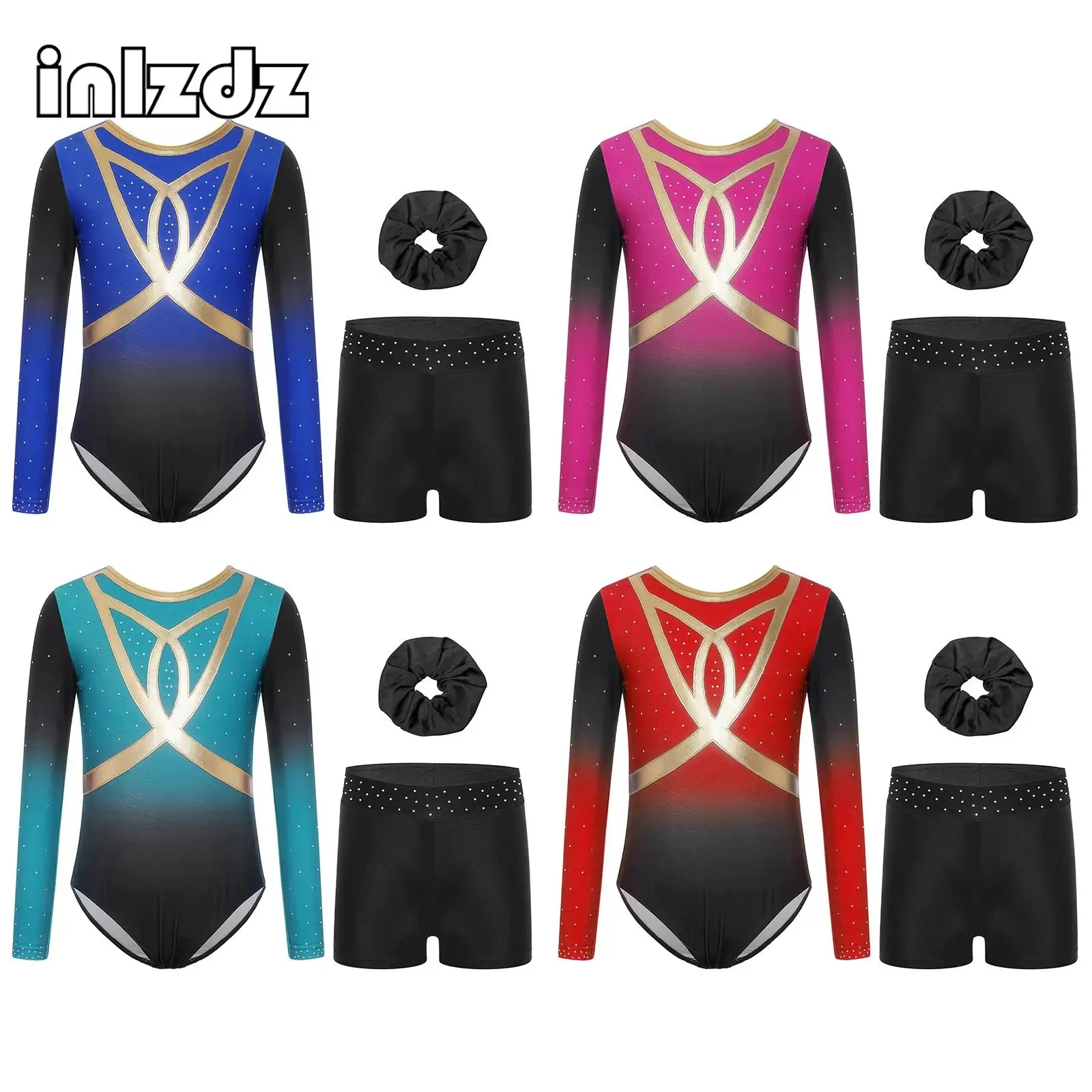 

Shiny Rhinestones Gymnastics Figure Skating Dance Outfit Kids Girl Long Sleeve Gradient Ballet Dance Leotard+Shorts+Hairband Set