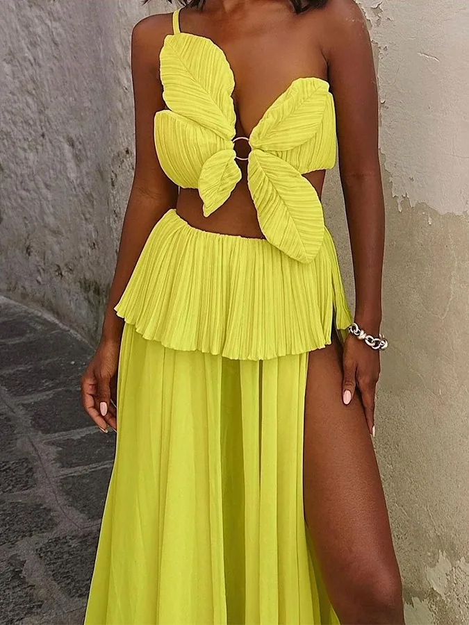 Women'S Swimsuit 3D Leaf Shaped Flower Design Beach Suit High Slit Skirt Solid Color Sexy Bathing Suits 1 Shoulder Strap