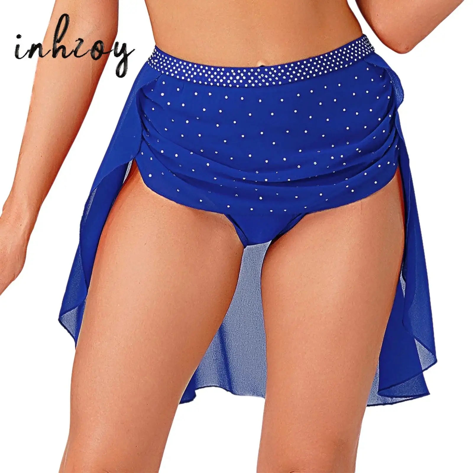

Womens Modern Dance Skirt Sparkly Rhinestone Irregular Chiffon Hem Built-in Briefs Skirt Dancewear for Lyrical Dance Competition