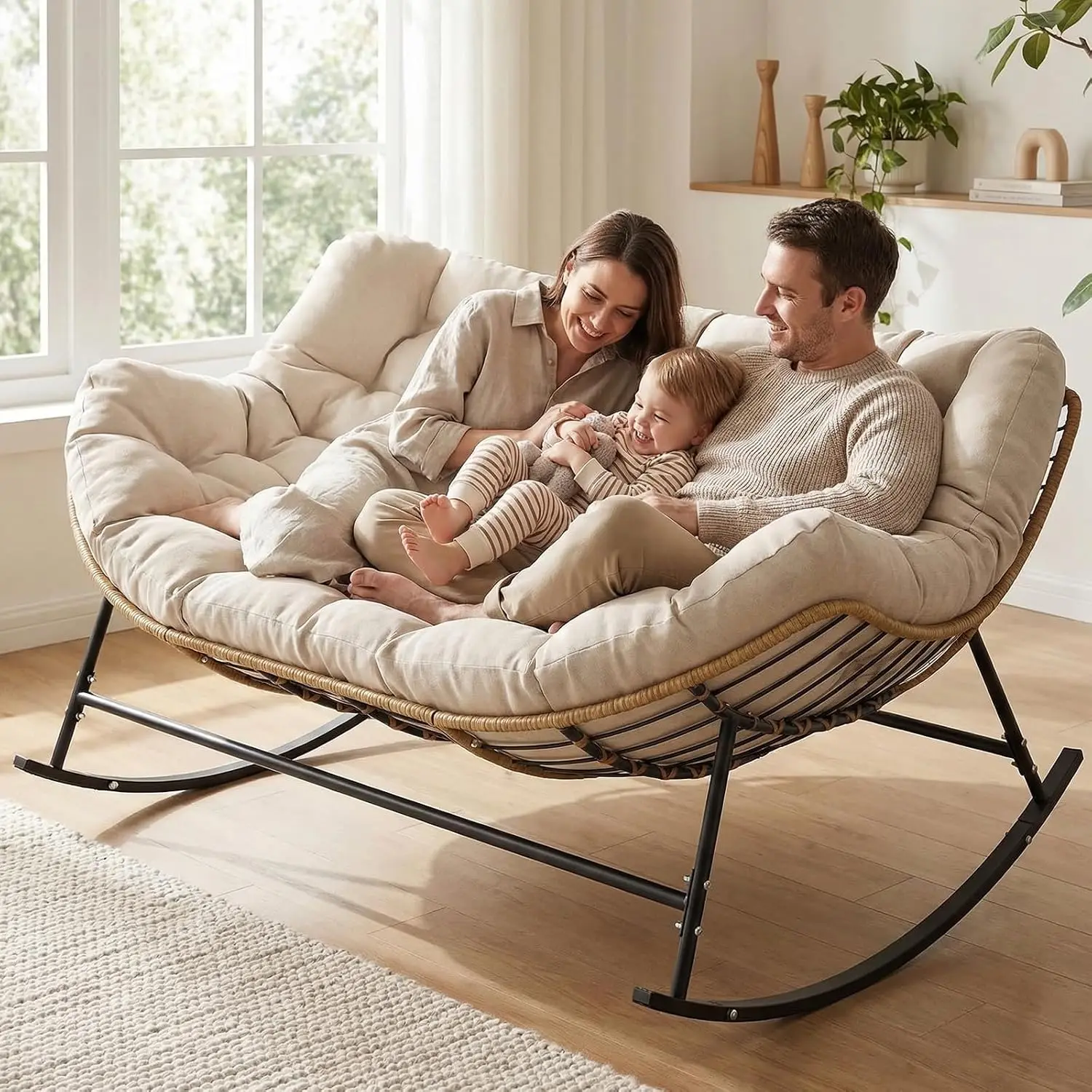 Double Outdoor Papasan Rocking Chair with Thick Cushion, Khaki, Customized