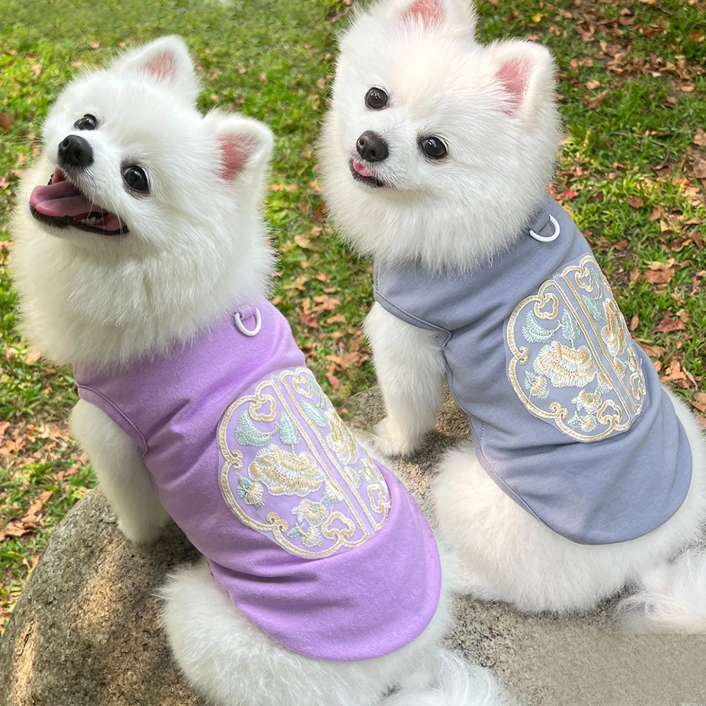 

Summer Pets Cotton T Shirt Soft Breathable Cooling Cat Puppy Clothing with D-ring Chinese Style Dog Vest Small Dog Harness Vests