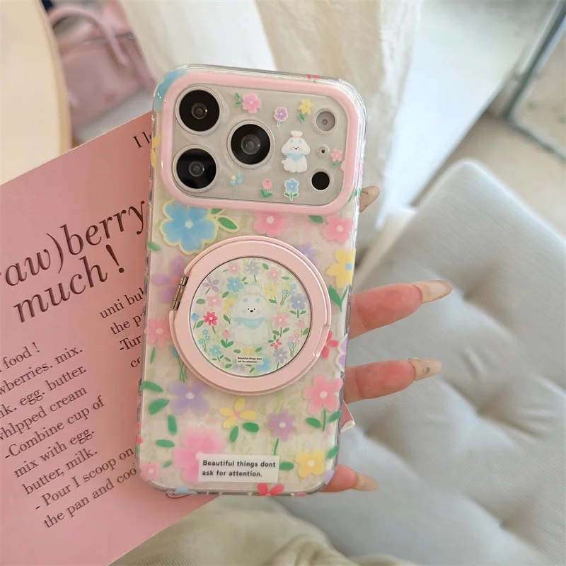 

Kawaii Floral Puppy Ring Stand Phone Case For iPhone 15 16 17 Pro Max INS Cute Pink Glitter Clear Shockproof Protective Cover