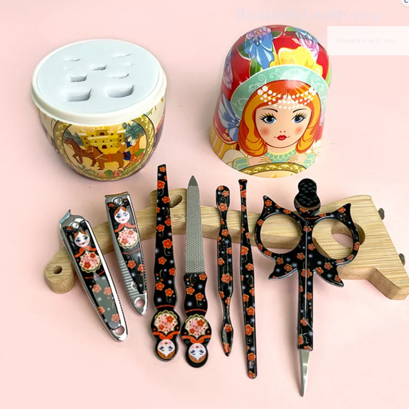 Kit de manucure pour poupée Matryoshka, ensemble de ciseaux à ongles, coupe-ongles, fournitures d'art avec ensemble de poupées gigognes décoratives, 7 pièces