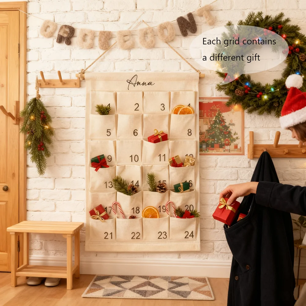 Kalender Advent Natal dari Kain yang Dapat Disesuaikan dan Digunakan Kembali dengan 24 Kantong untuk Dekorasi Natal Anak-Anak dan Keluarga Gaya Farmhouse