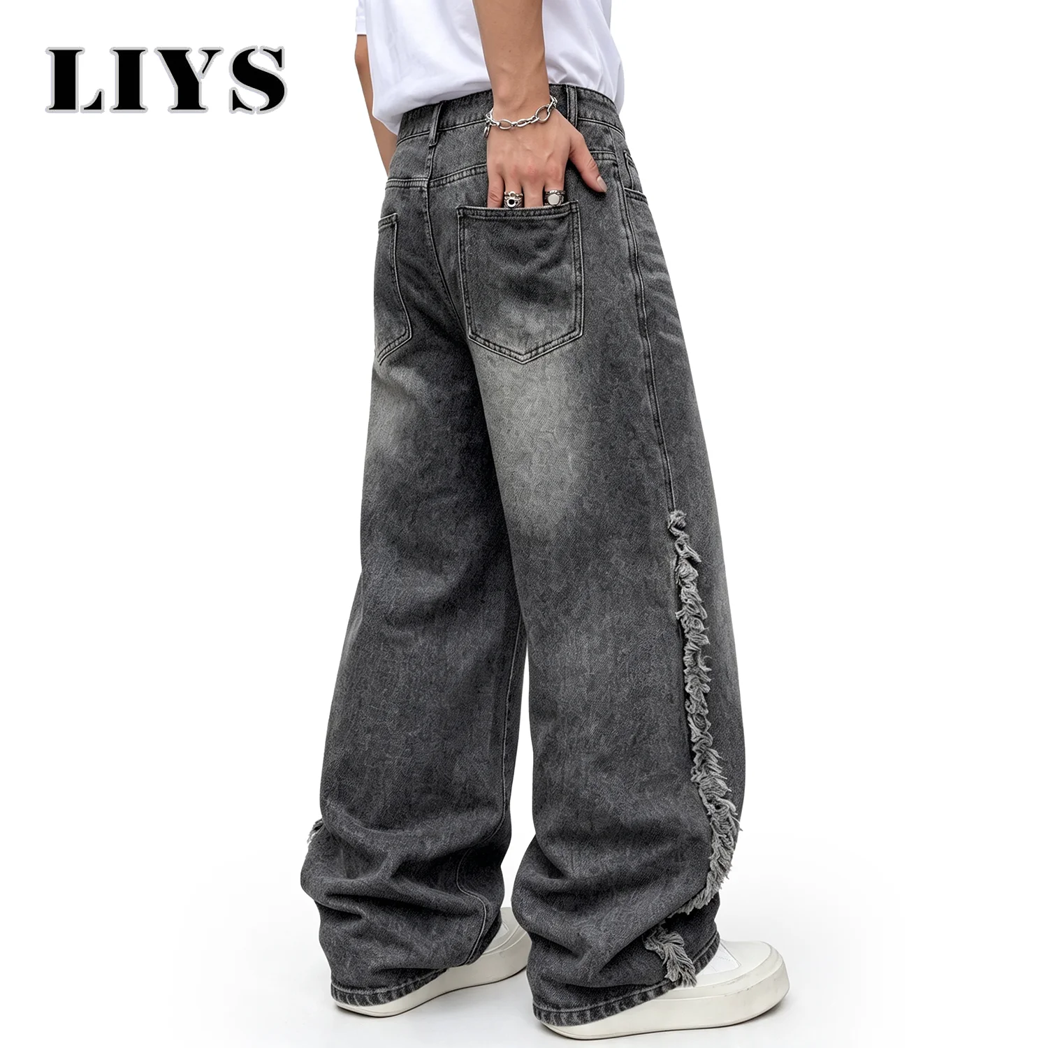 LIYS Men's Black Fringe Tassel Baggy Wide Leg Jeans Unisex Grunge Punk Distressed Denim Pants Street Rock Gothic Clothing