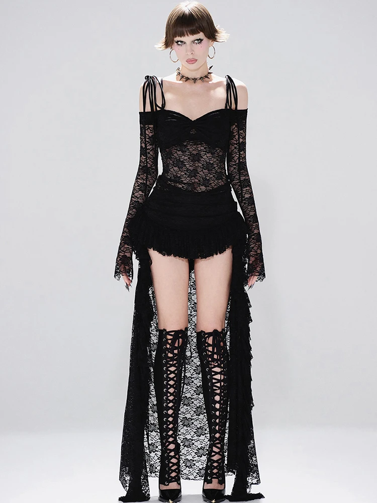 فستان Sisterlinda شفاف من قماش الجاكار للنساء مثير برقبة مائلة وأكمام طويلة وحاشية غير منتظمة مكشكشة للحفلات