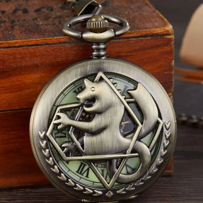 

Retro Tone Fullmetal Alchemist Pocket Watch Mens Women Cosplay Edward Elric Clock Fob Necklace Chain Mechanical Pocket Watch