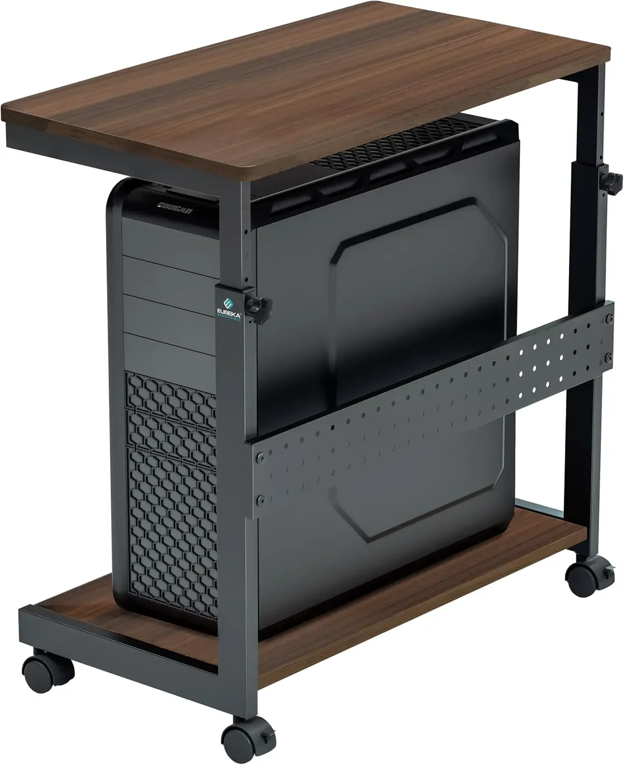 PC Stand Computer Cart, Height Adjustable Tower Stand 2-Tier Suit for ATX Case Printer, Metal Rolling Cart on Wheels