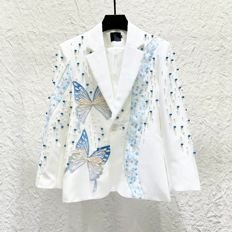 Limited Edition Heavy-Duty Butterfly Nail Bead White Suit Jacket Luxury Men Nightclub Bar Party Prom Singer Dance Stage Costume