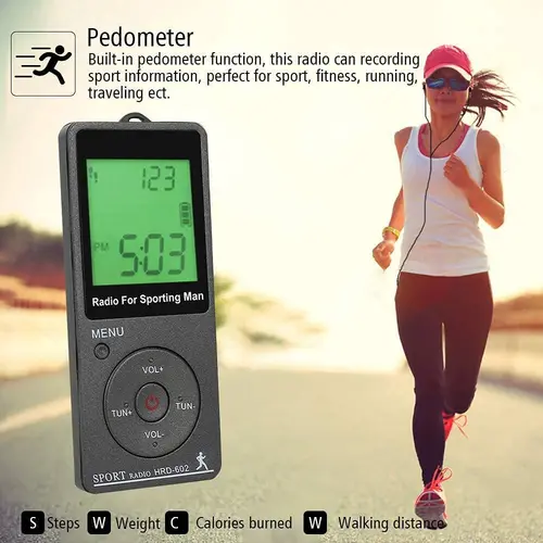 Imagen 2 del producto Nuevo Mini Radio portátil AM FM con pantalla LED con podómetro, auriculares, sintonización Digital, Radio deportiva para correr, caminar, Radio de bolsillo