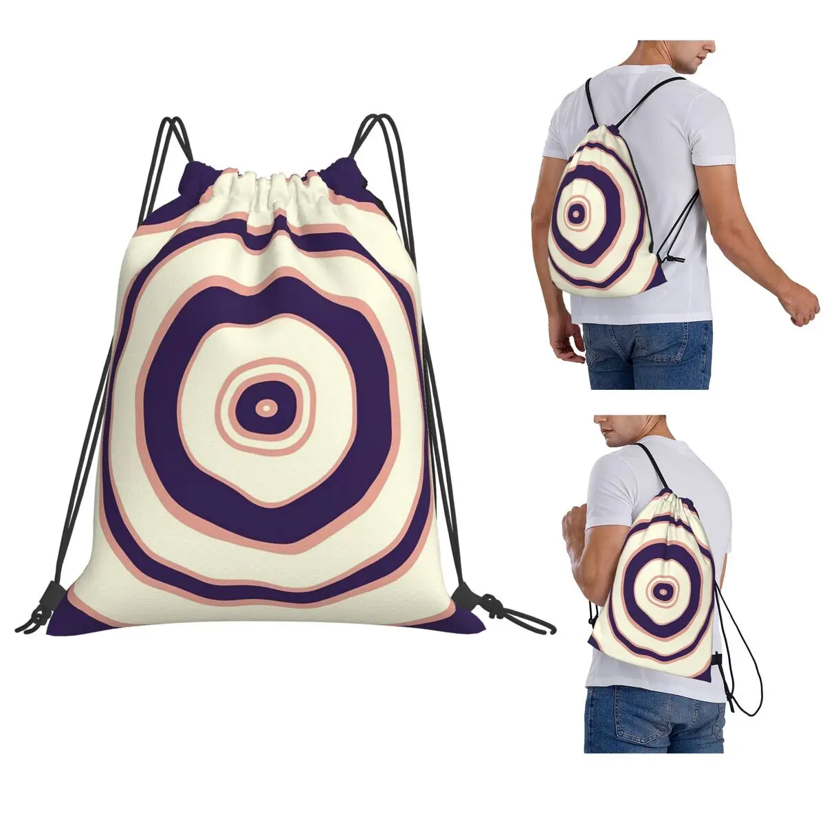 Purple, Pale Pink And Creme Colored Wavy Concentric Circles Backpacks Drawstring Bags Sundries Bag Book Bags for Travel School