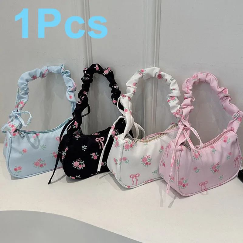 Summer Women Underarm Bags Canvas Pleated Drawstring Purse Aesthetic Floral Bow Design Y2K Pretty Fashion Shoulder Handbags