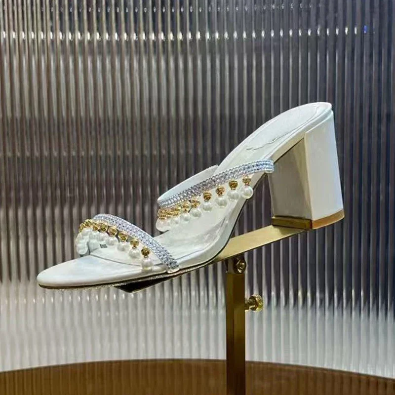 Slippers Summer Sparkling Pearl Pendant Chunky High Heels Women Real Leather Narrow Band Lazy Sandals Women Party Dress Shoes view 3